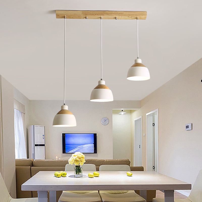 Bowled Spleißen Multi-Pendant Nordic Eisen 3 Köpfe Weiß und Holzsuspension Licht über den Tisch