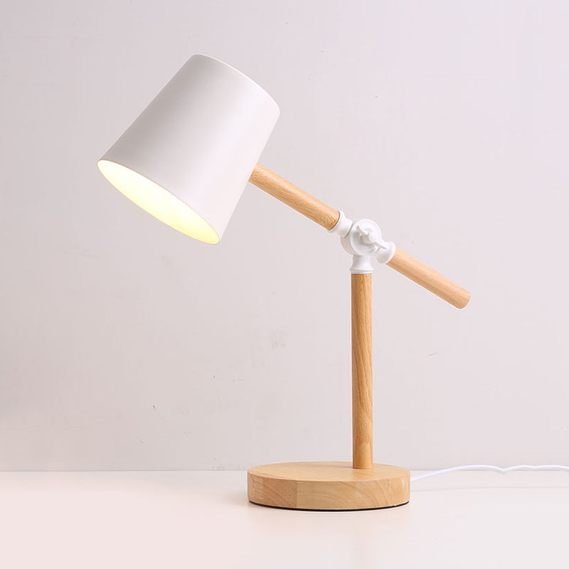 Holzschwung Arm Tischlampe Nordic 1 helles Nachttischlicht mit Fassschatten in Schwarz/Weiß/Rosa