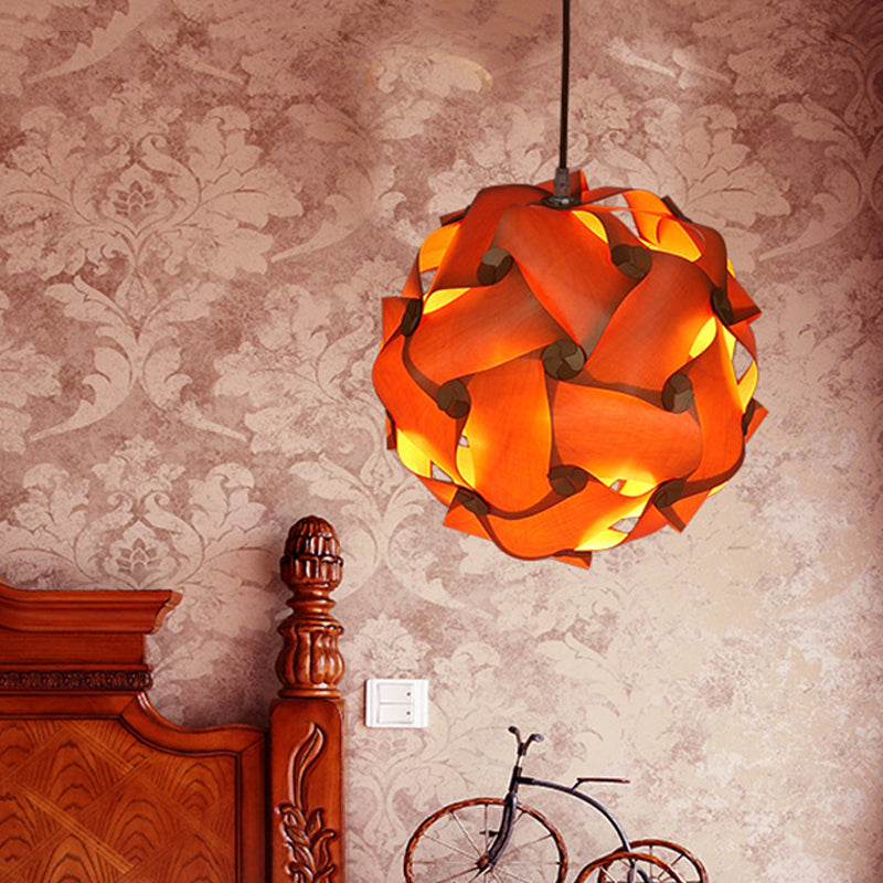 Pieced Globe Dinette Drop Pendant Wood 1 Bulb Minimalist Hanging Light Kit in Light-Brown