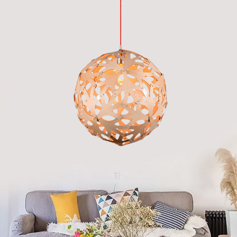 Hollowed Out Globe Pendant Light Modern Bamboo Braided 1 Head Lounge Ceiling Suspension Lamp in Wood