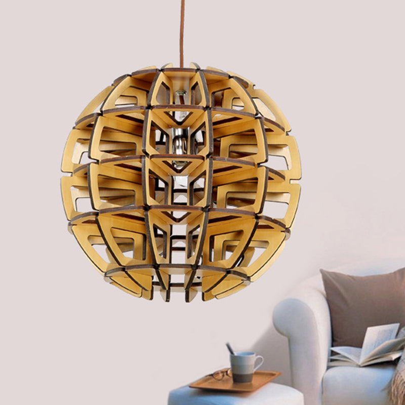 Hand-Worked Beehive Ball Hanging Light Asia Novelty Wood 1-Light Brown Pendant Ceiling Lamp