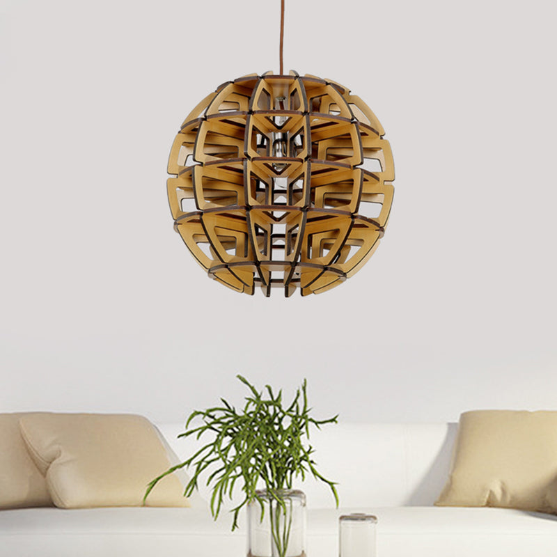 Hand-Worked Beehive Ball Hanging Light Asia Novelty Wood 1-Light Brown Pendant Ceiling Lamp