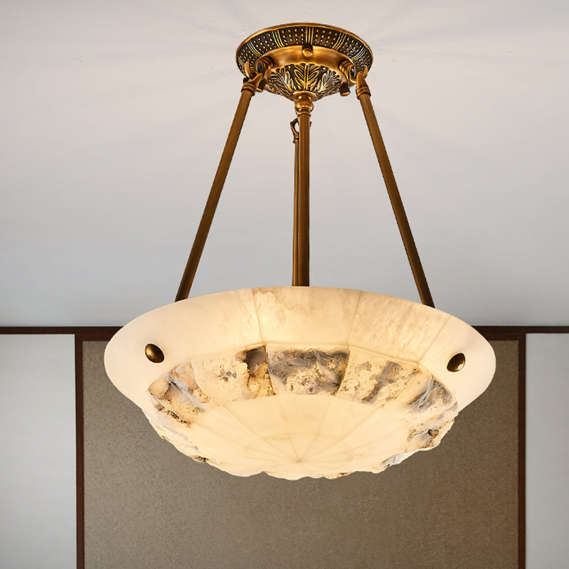 Vintage Patchwork Drum/Bowl Drop Lamp 4-Head Opal Matte Glass Ceiling Chandelier in Brass for Bedroom