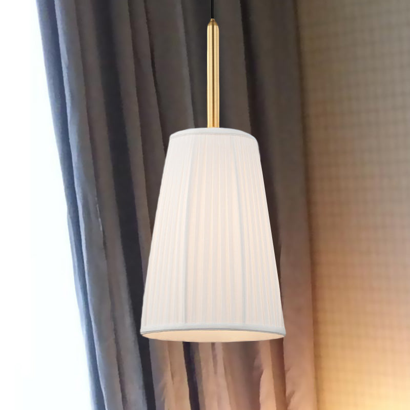 Bell Bedside Drop Pendant Farmhouse Pleated Fabric 1 Bulb White Pendulum Light with Gold Top
