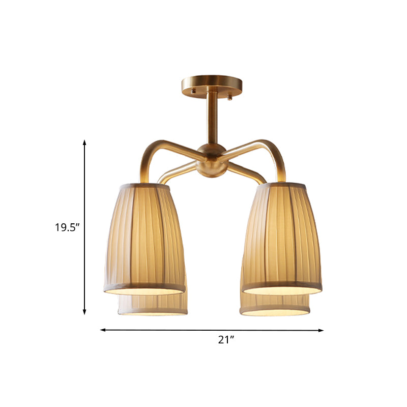 Gold 4/6 Lights Flush Chandelier Countryside Gathered Fabric Bell Shaped Hanging Light Fixture