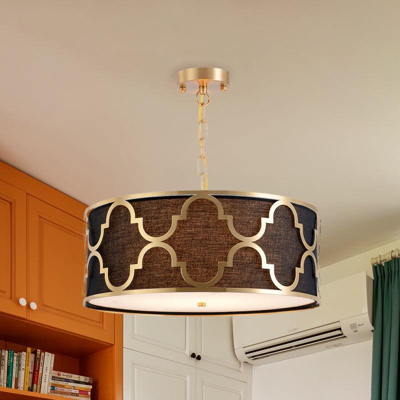 Fabric Brown Chandelier Pendant Drum Shaped 4/5 Bulbs Traditional Hanging Light Kit with Quatrefoil Cage Guard