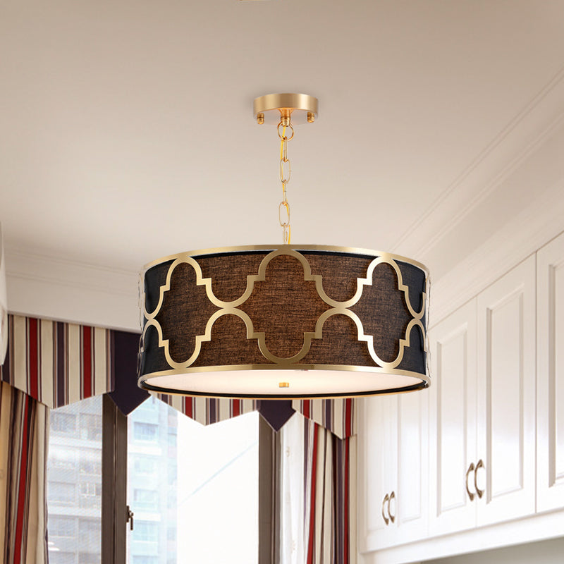 Fabric Brown Chandelier Pendant Drum Shaped 4/5 Bulbs Traditional Hanging Light Kit with Quatrefoil Cage Guard