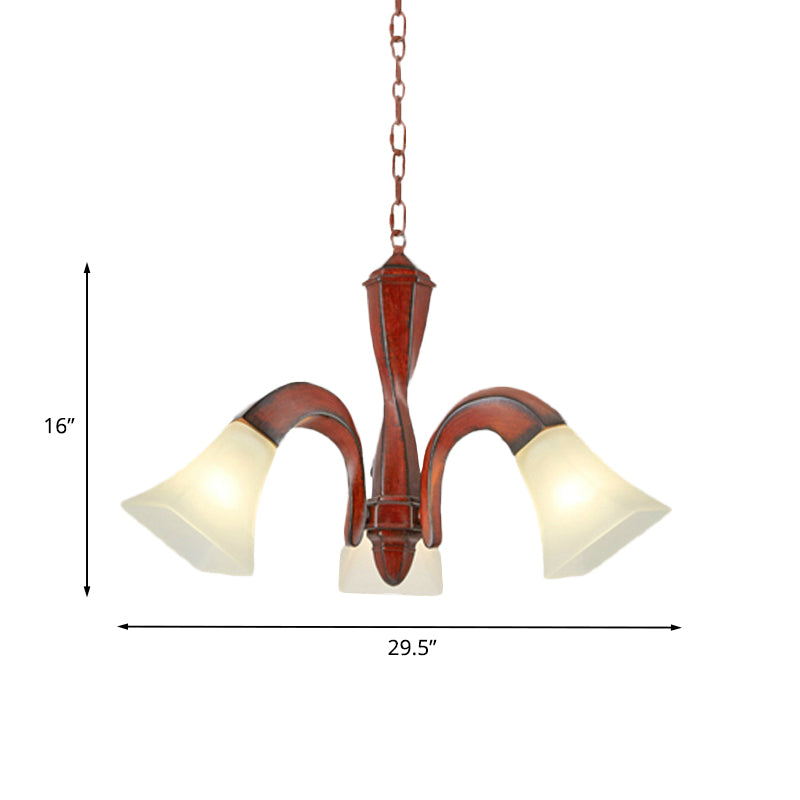 Burgende eetkamerophanging Licht Traditioneel hout 3-licht bruine kroonluchter met vierkante flare melkglaslampschaduw