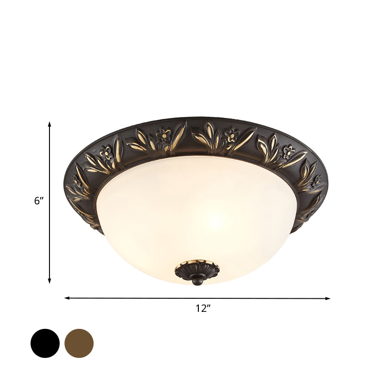 2/3 Bulbs Flush Mount Traditional Cloche Ivory Glass Ceiling Lamp with Sculpted Flower Trim in Black/Brass