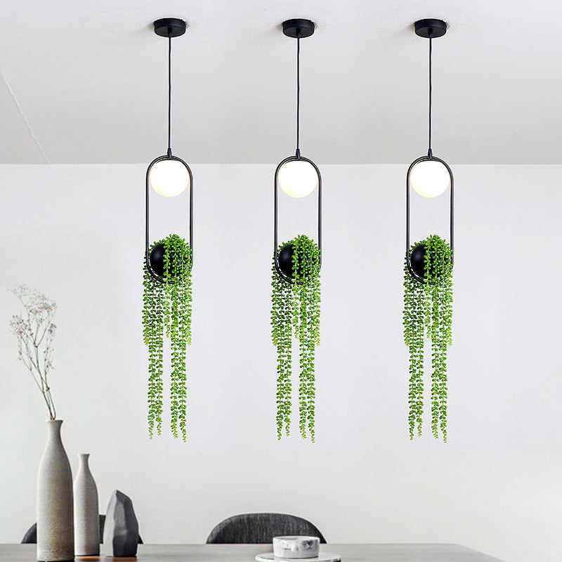 Sferische slaapkamer Hanglamp Industrial Wit glas 1-bol Zwarte plantenhanger met ovale kooi