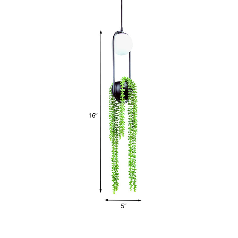 Chambre à coucher sphérique lampe suspendue industrielle en verre blanc 1-bulbe pendentif de plante noire avec cage ovale
