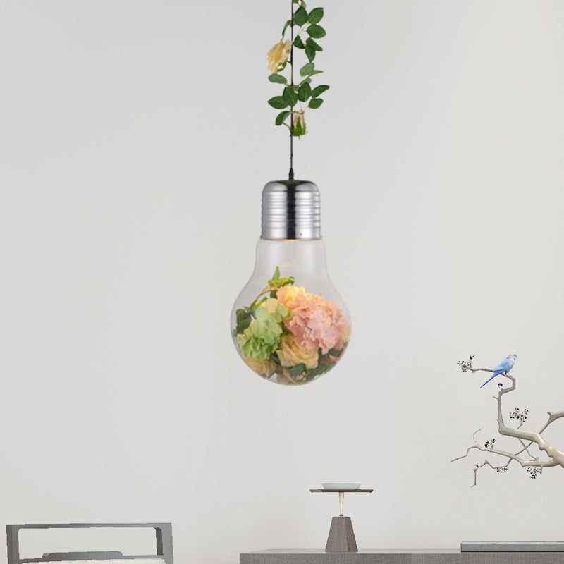 Bulb-Shaped Restaurant Suspension Pendant Antique Clear Glass 8.5"/12" W 1 Head Chrome Flower Drop Lamp
