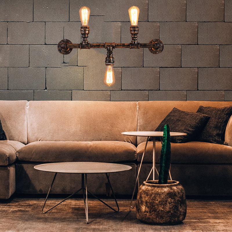 Metal Up and Down Wall Sconce with Pipe Design Vintage Style 3 Bulbs Living Room Wall Mount Light in Bronze