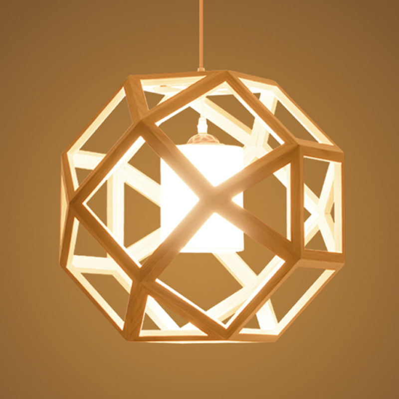 Asia Wood Globe Cage Pendant Lamp Single Bulb Hanging Light in Beige with Fabric Shade Inside
