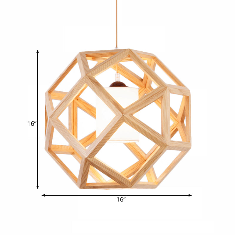 Asia Wood Globe Cage Pendant Lamp Single Bulb Hanging Light in Beige with Fabric Shade Inside