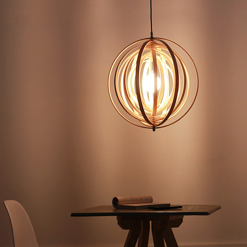 Rippling Sphere Wood Pendant Light Kit Asian 1 Light Beige Hanging Light Fixture over Table