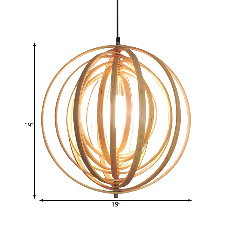 Rippling Sphere Wood Pendant Light Kit Asian 1 Light Beige Hanging Light Fixture over Table