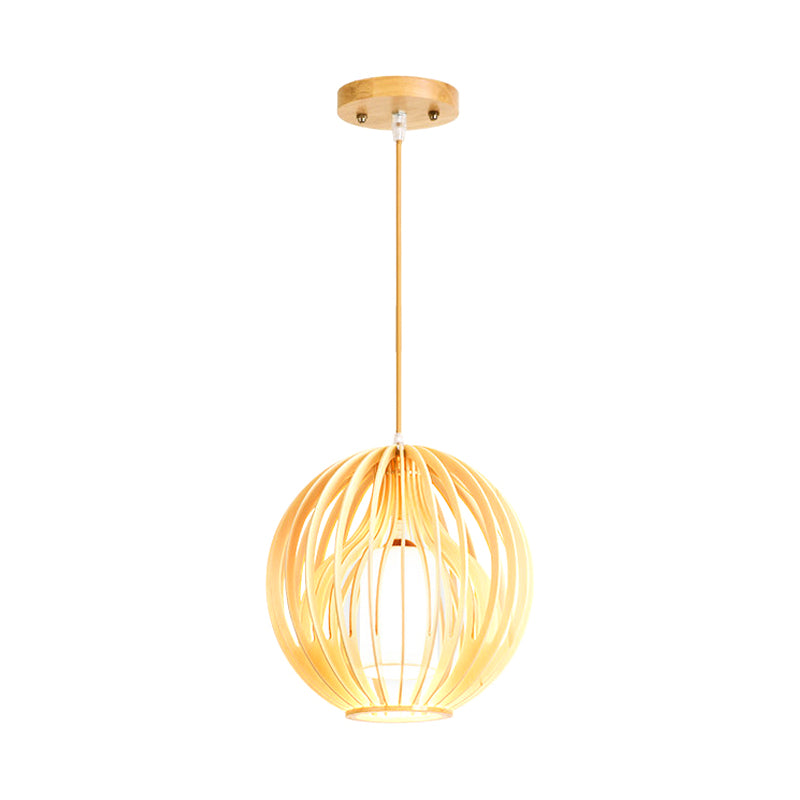 Asia Style 2-Layer Cage Pendant Wooden 1 Head Dining Room Ceiling Light in Beige with Interior Fabric Shade