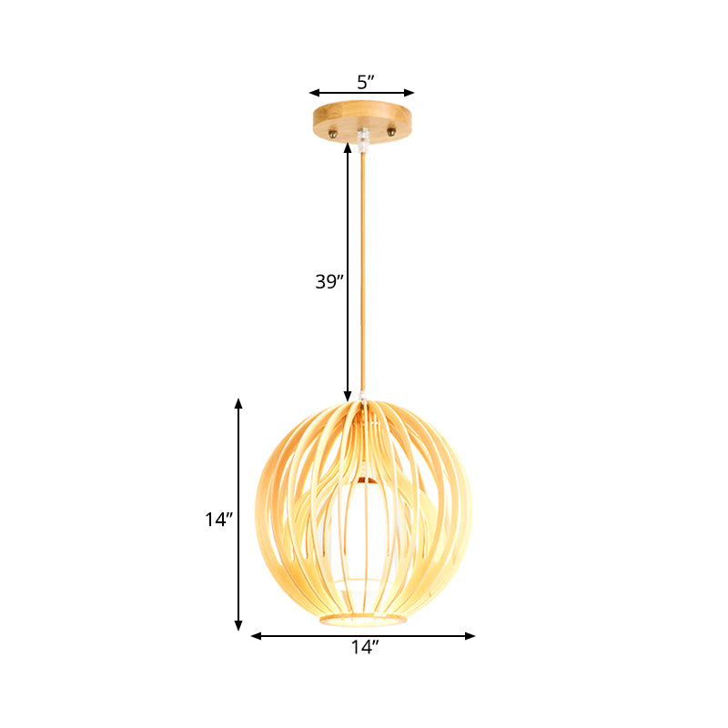 Asia Style 2-Layer Cage Pendant Wooden 1 Head Dining Room Ceiling Light in Beige with Interior Fabric Shade