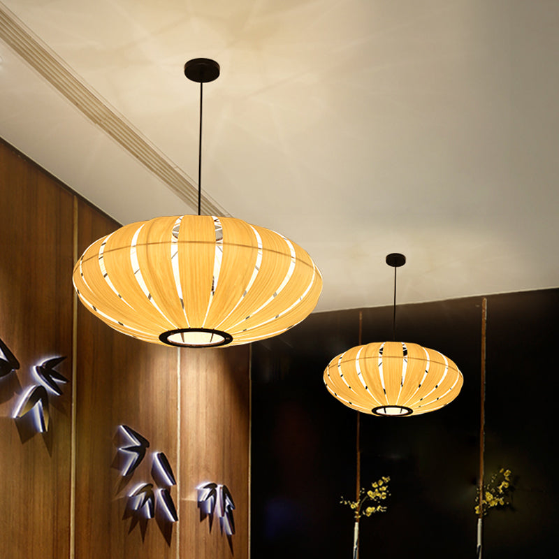 Wood Strap Lantern Pendant Lighting South East Asia 3-Bulb Beige Hanging Ceiling Light for Bistro