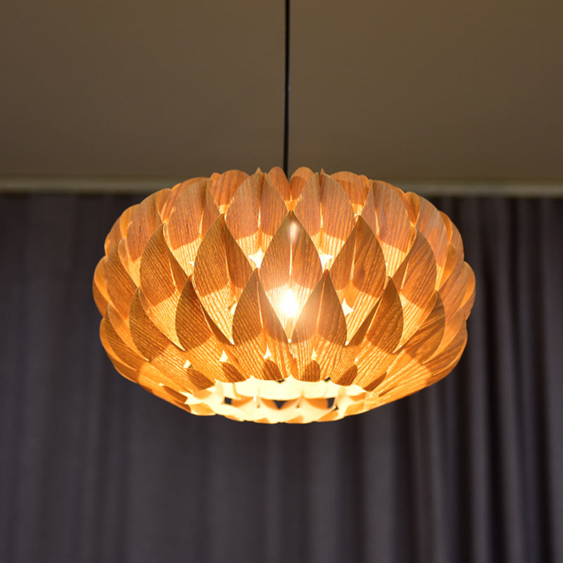 Drum Shaped Lotus Pendant Lamp Chinese Style Wood Single Beige Suspension Lighting for Tearoom