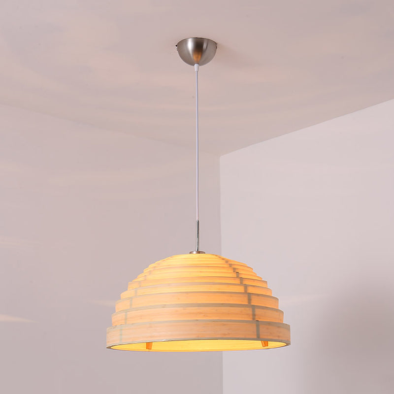 Rippled Hemispherical Hanging Light Minimalist Wood Single Living Room Ceiling Pendant in Beige