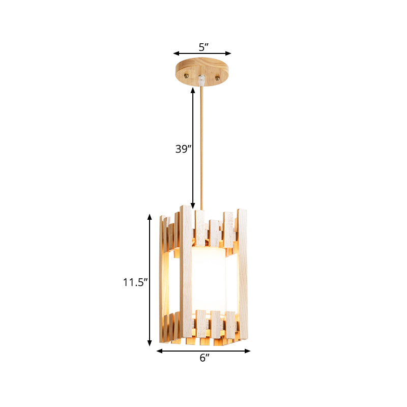 Cylinder Shade Bistro Pendant Light Fabric 1 Head Asia Suspension Lighting with Wood Cage Guard
