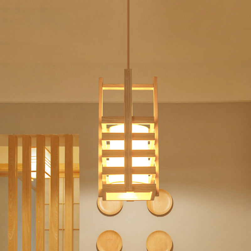 Cuboid Wooden Pendant Light Fixture Asian 1 Bulb Beige Hanging Lamp Kit with Cross Handle