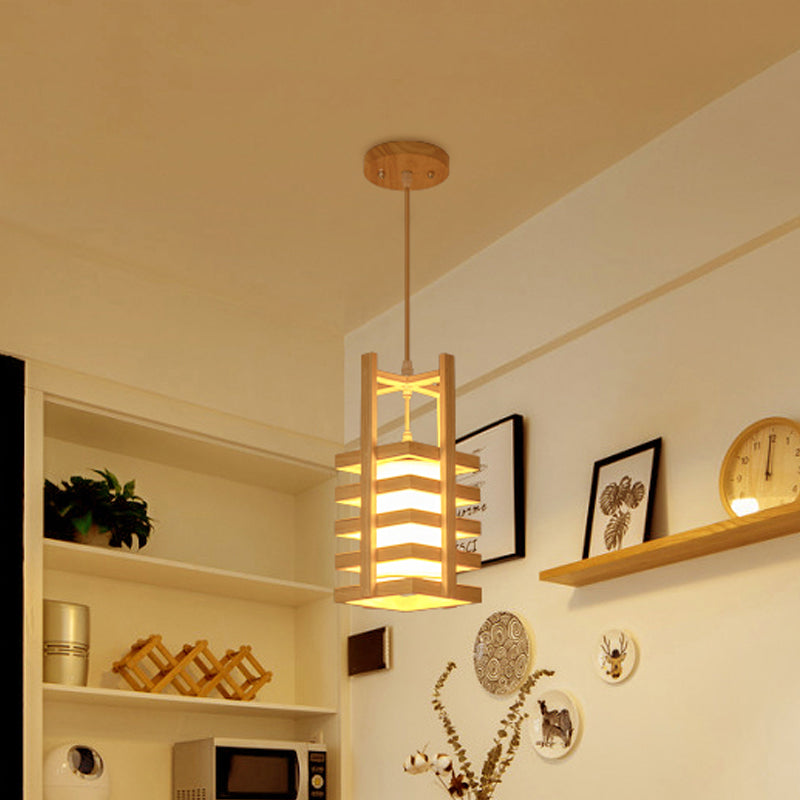 Cuboid Wooden Pendant Light Fixture Asian 1 Bulb Beige Hanging Lamp Kit with Cross Handle