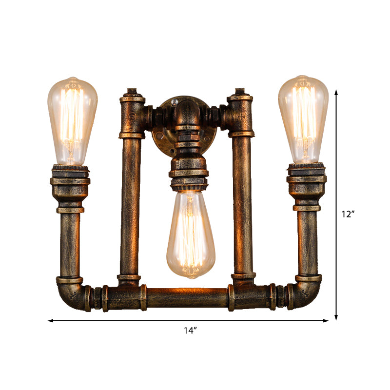 Industrial Exposed Sconce Light with Pipe Design 3 Heads Wrought Iron Wall Lamp in Aged Brass for Hallway