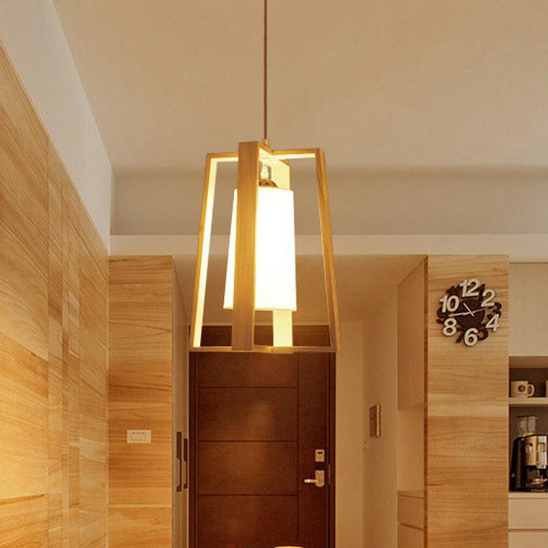 Framello trapezoide incrociato a pendente asiatico in legno asiatico tavolo da pranzo a 1 luci a soffitto appeso al soffitto con tonalità in tessuto affusolato