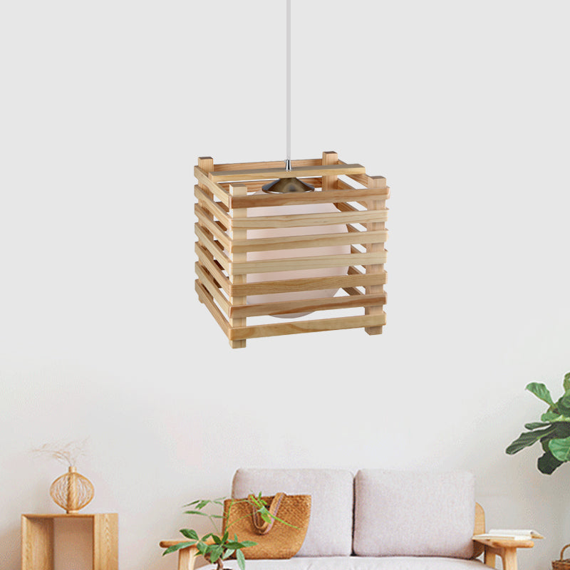 Japanese Globe White Glass Pendant 1 Light Hanging Lamp Kit with Wood Cubic Cage for Dining Room