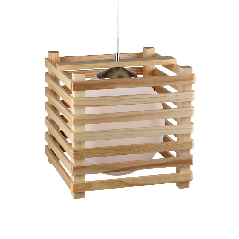 Globe japonés colgante de vidrio blanco 1 kit de lámpara colgante de luz con madera jaula cúbica para comedor