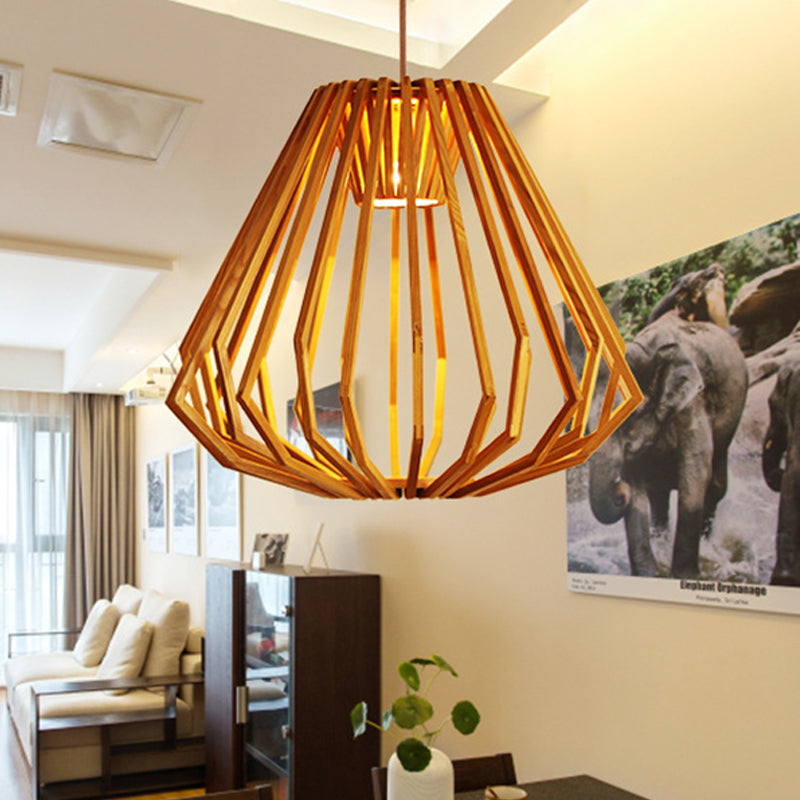 Natural Wood Diamond Cage Pendant Asia Single Head Hanging Light Fixture in Beige