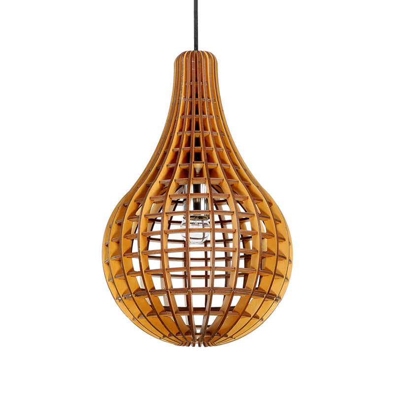 Gridded Raindrop Cage Pendant Lighting Minimalist Wooden 1-Light Brown Suspension Light