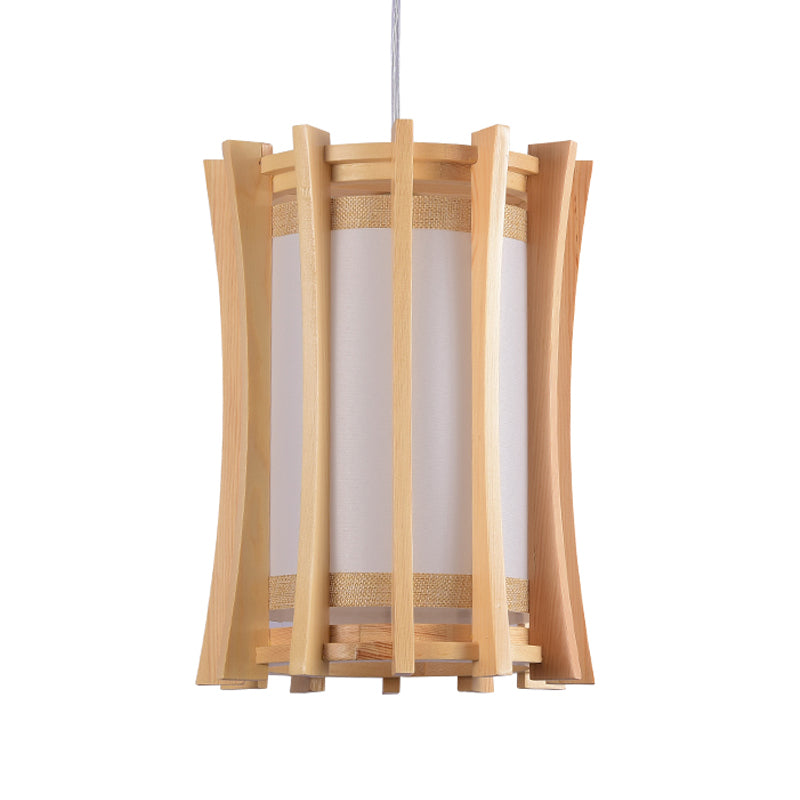 Cylindrical Pendant Light Fixture Asia PVC 1 Bulb Dinette Ceiling Lamp with Wood Cage in Beige