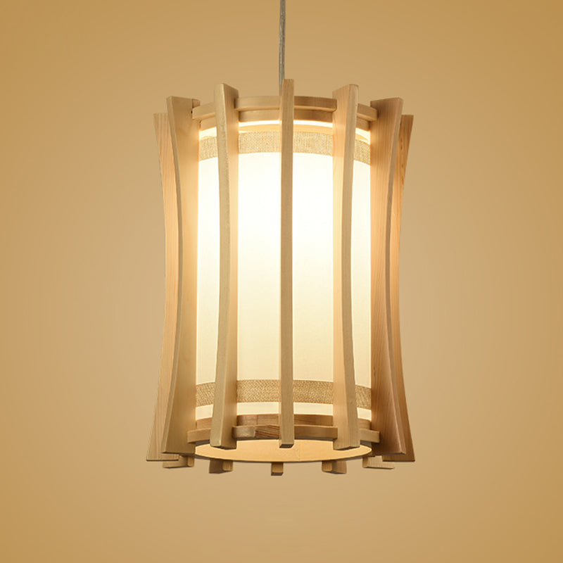 Cylindrical Pendant Light Fixture Asia PVC 1 Bulb Dinette Ceiling Lamp with Wood Cage in Beige