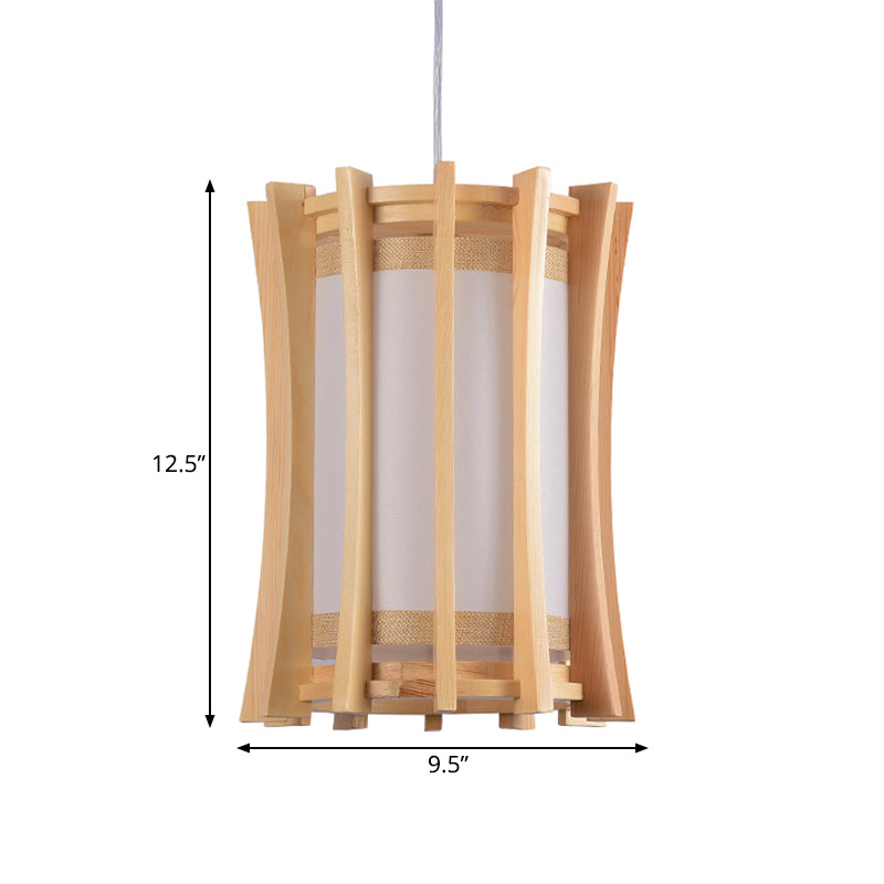 Cylindrical Pendant Light Fixture Asia PVC 1 Bulb Dinette Ceiling Lamp with Wood Cage in Beige