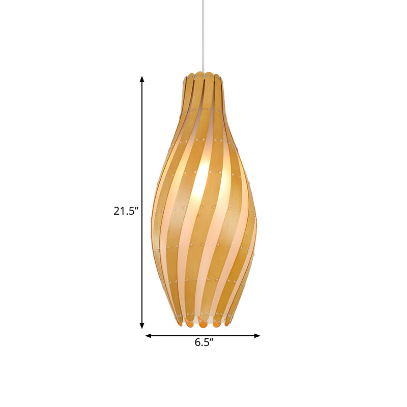 Modern Stylish 1-Light Hanging Light Beige Twisty Vase Suspension Pendant Light with Wood Shade,  6.5"/10" Width