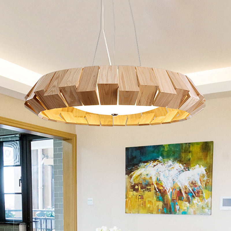 Rundkante runde LED-Anhänger Beleuchtung Asien Stil Naturholz Lounge hängende Licht mit Milchglasdiffusor