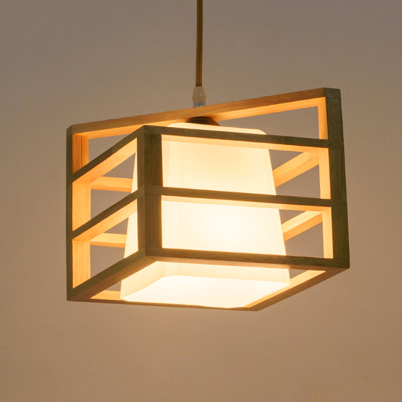 Rhombus Cage Kitchen Dinette Pendant Wooden 1 Head Asian Ceiling Hanging Light with Inner Frosted Glass Lamp Shade