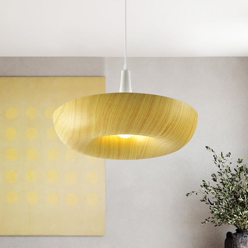 Minimalistische donuthangende licht aluminium enkele woonkamer hanglamp in beige met houten graantextuurontwerp