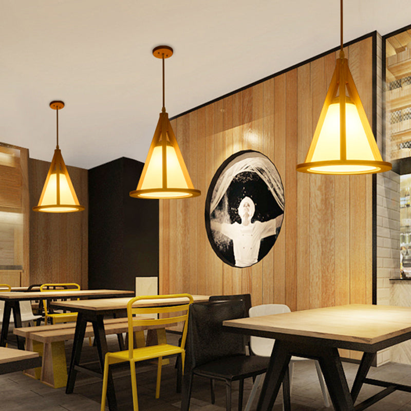 Horn Shaped Cage Wood Pendant Lamp Japanese Single Bulb Beige Ceiling Light with Shade