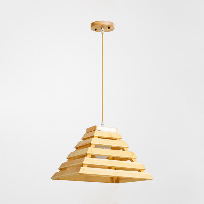 Pyramid Suspension Luz asiática de madera asiática 1 Table de comedor de comedor Iluminación con diseño de jaula en beige
