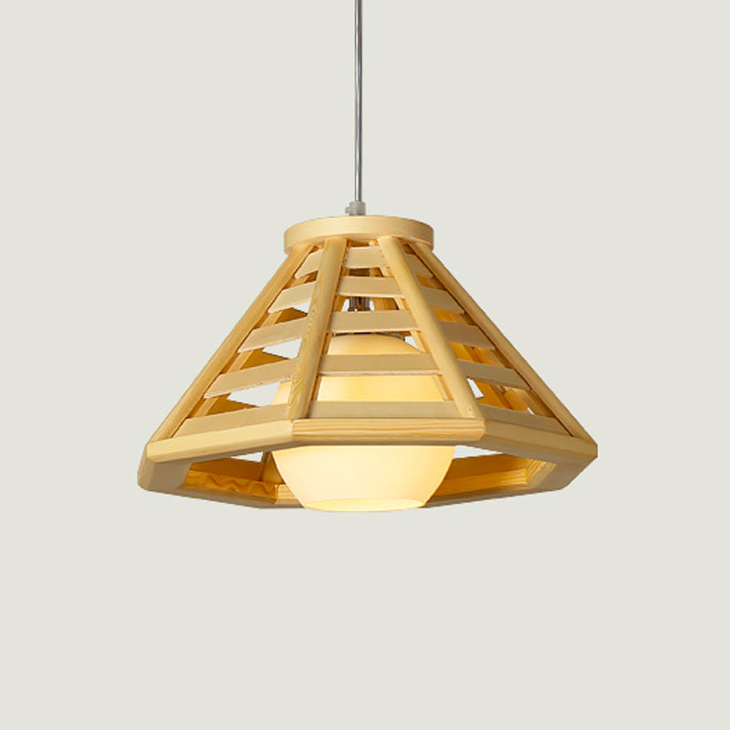 Asia Mini Globe Pendant Light Ivory Open Glass 1 Head Dining Table Suspension Lighting with Tapered Wood Cage in Beige