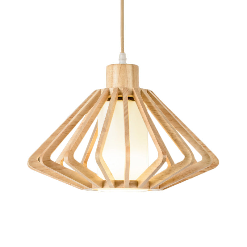 Accendi a ciondolo commerciale a gabbia di diamanti Legno asiatico 1 testa 14 "/18" Lampada a soffitto beige larga con pilastro interno
