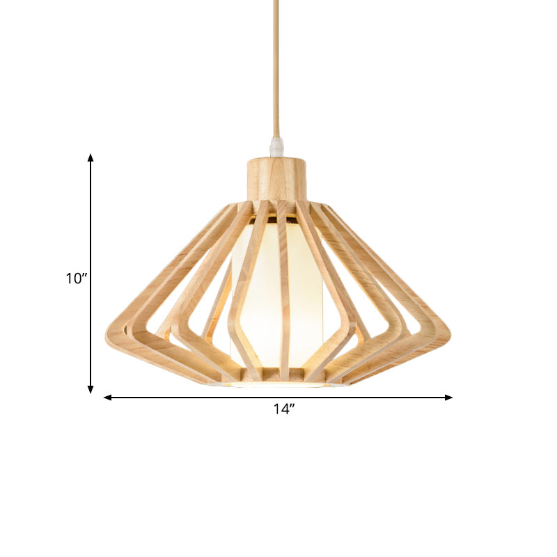 Accendi a ciondolo commerciale a gabbia di diamanti Legno asiatico 1 testa 14 "/18" Lampada a soffitto beige larga con pilastro interno