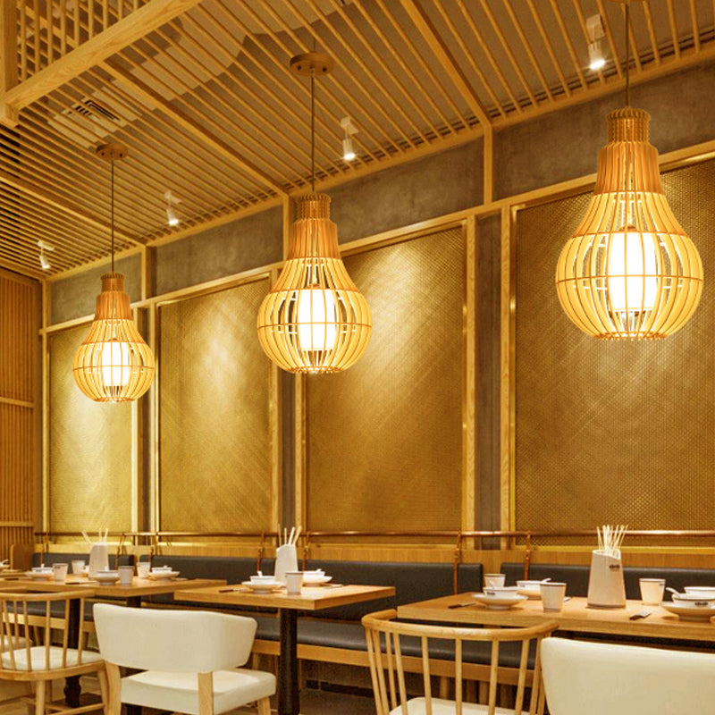 Beige Droplet Ceiling Suspension Lamp Asian 1 Bulb Wooden Hanging Pendant with Inner Tube Fabric Shade