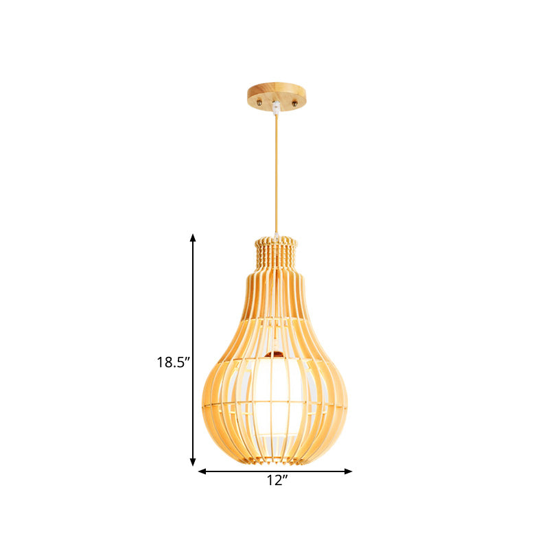 Beige Droplet Ceiling Suspension Lamp Asian 1 Bulb Wooden Hanging Pendant with Inner Tube Fabric Shade