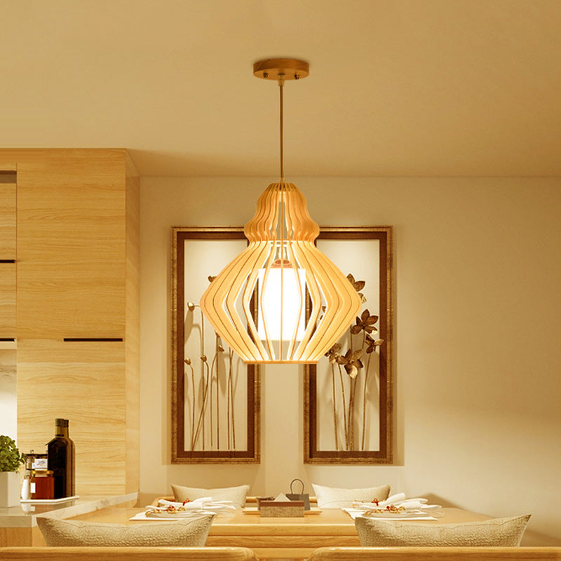 Bellied Basswood Ceiling Hanging Lantern Asian 1 Light Beige Pendant Light over Restaurant Table